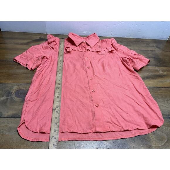 Double D Ranch Rosalie Coral Pink Ruffle Button Up Top Size M - Picture 7 of 12
